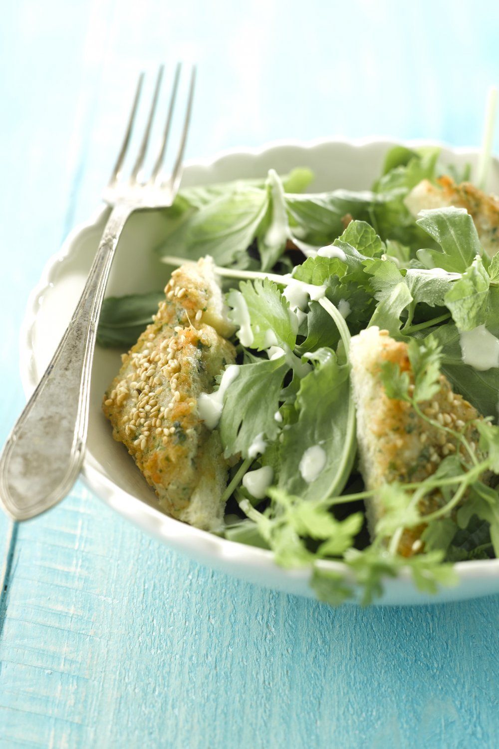 Kruidensalade met garnalentoastjes