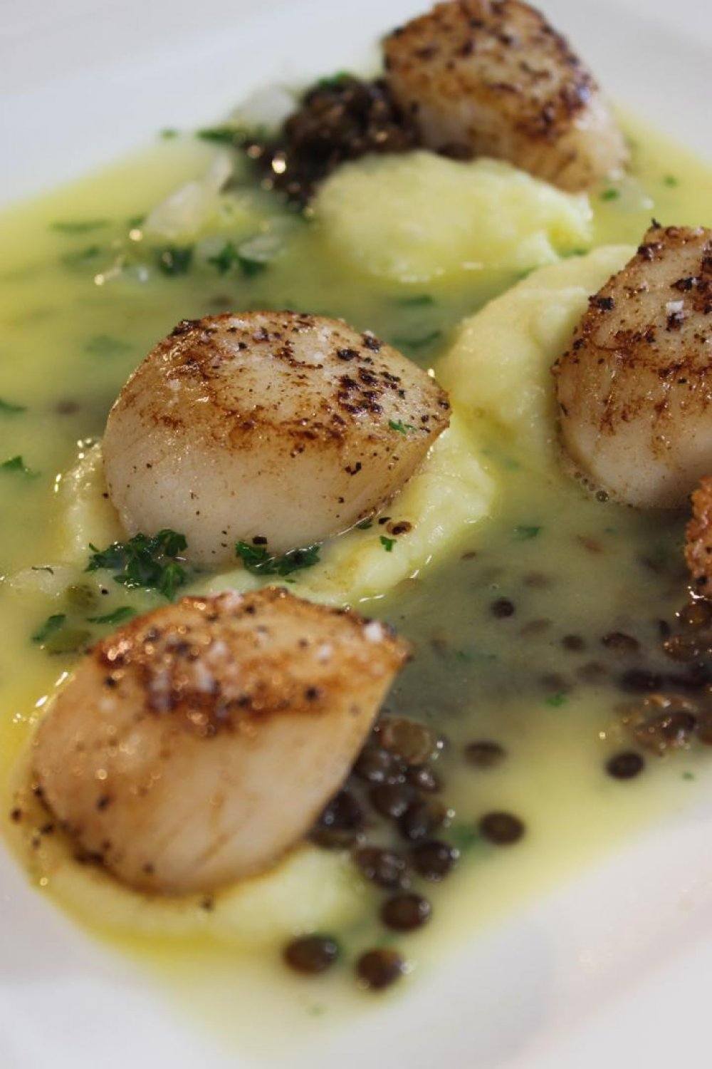 Coquilles met uienpuree en linzen