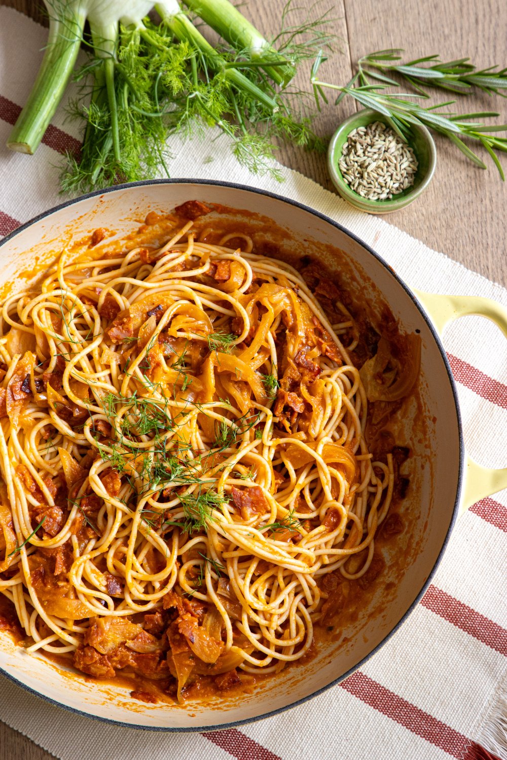 Pasta met chorizo en venkel