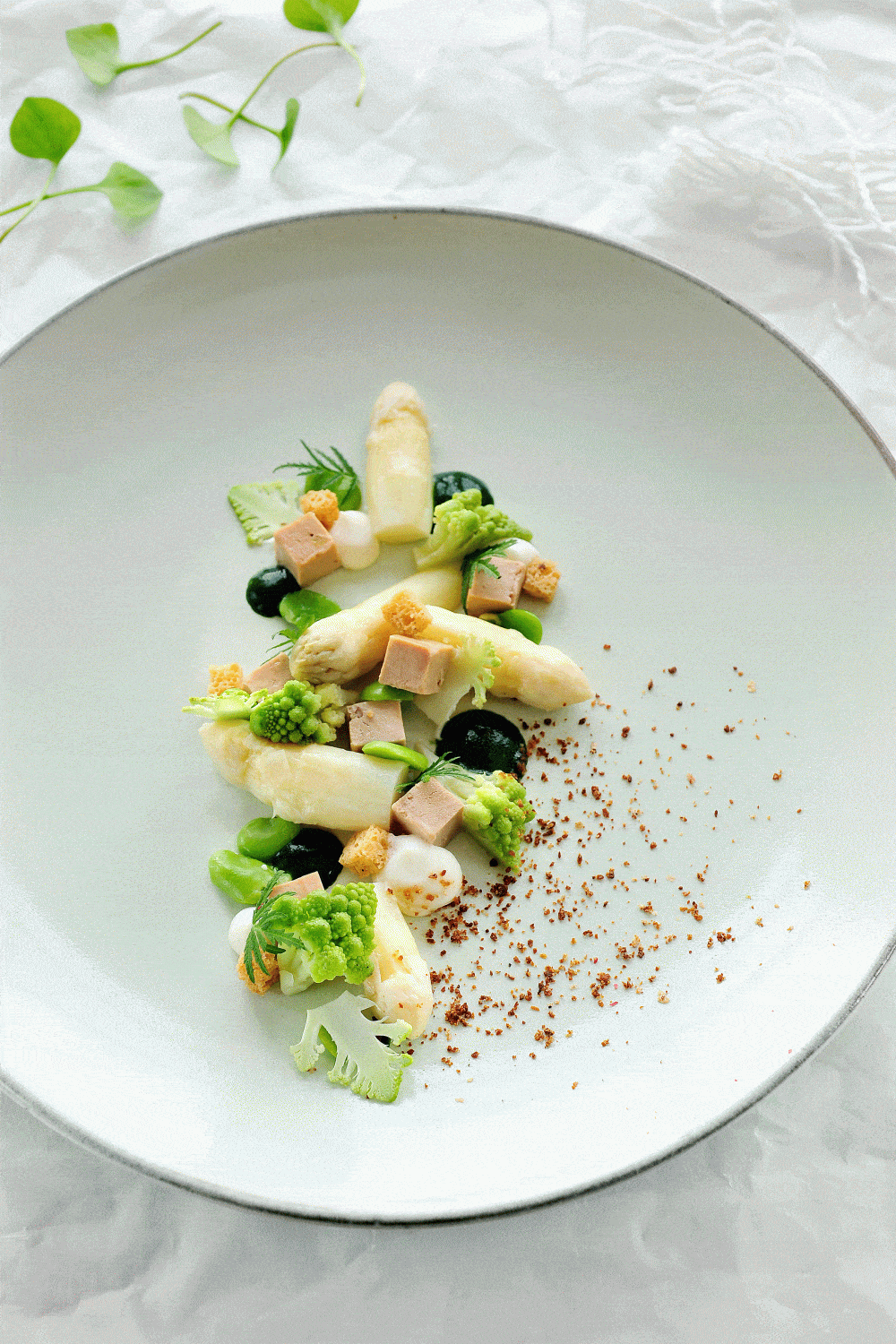 Asperges met ganzenlever en tuinbonen