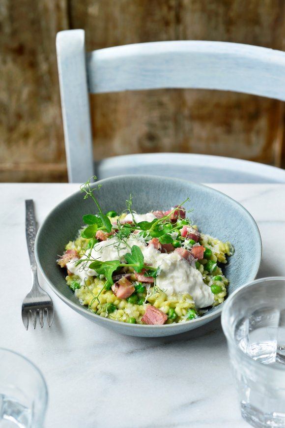 Risotto met erwtjes, burrata en ham