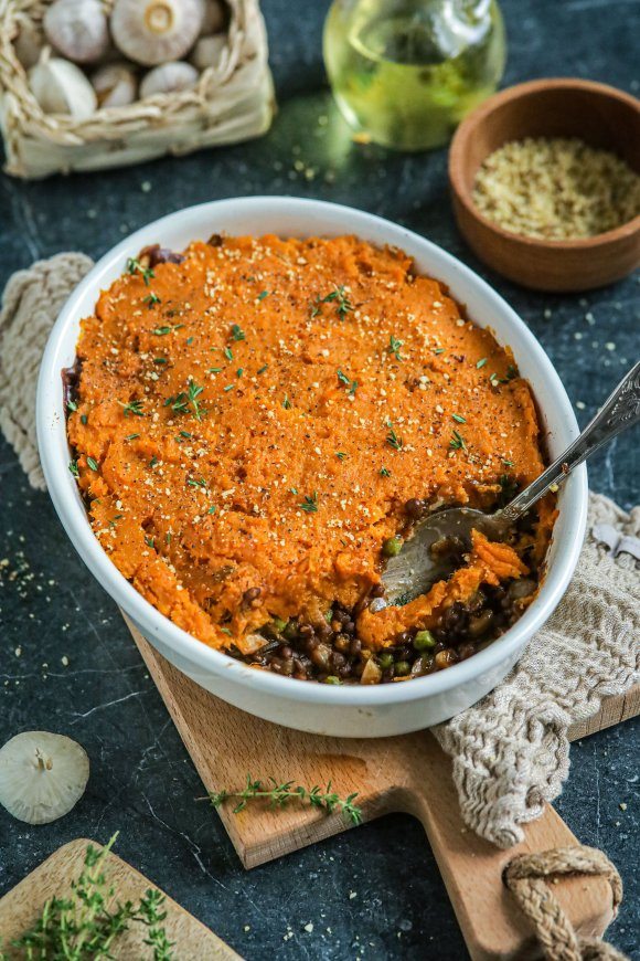 Vegan paddenstoelen Shepherd’s pie met zoete aardappelpuree