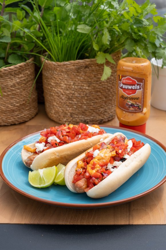 Messy hotdogs met geroosterde paprika en ui