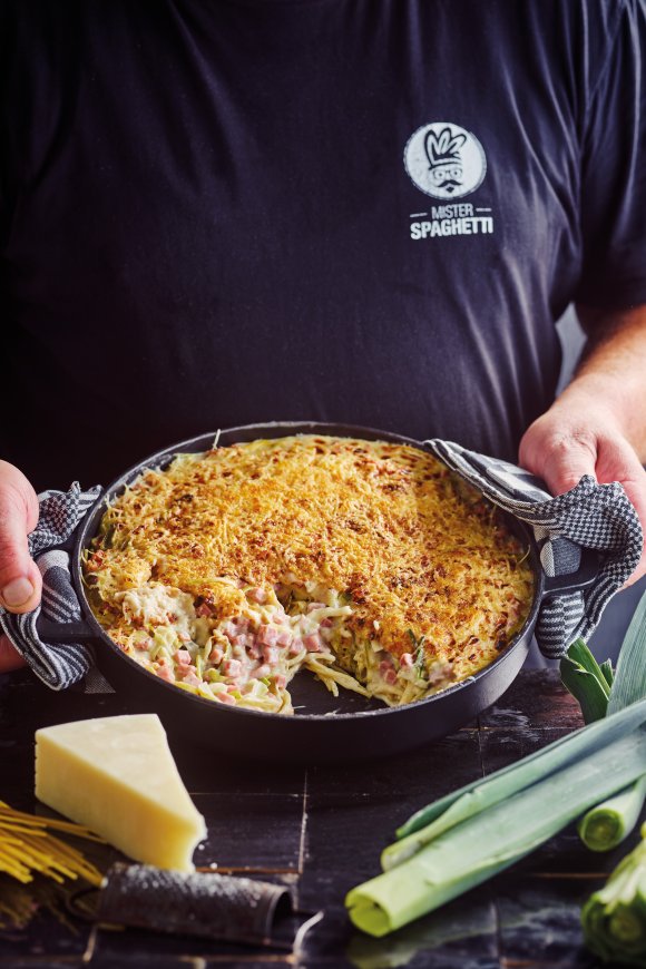Spaghetti met prei-ham-kaassaus